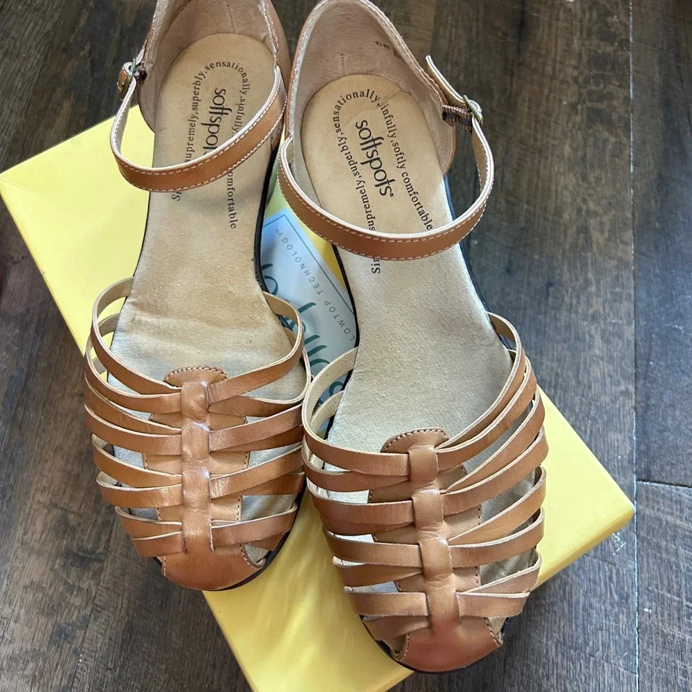 Softspots Tatianna Tan Leather Huarache Wedge Sandals Womens 9.5 WW Extra Wide
